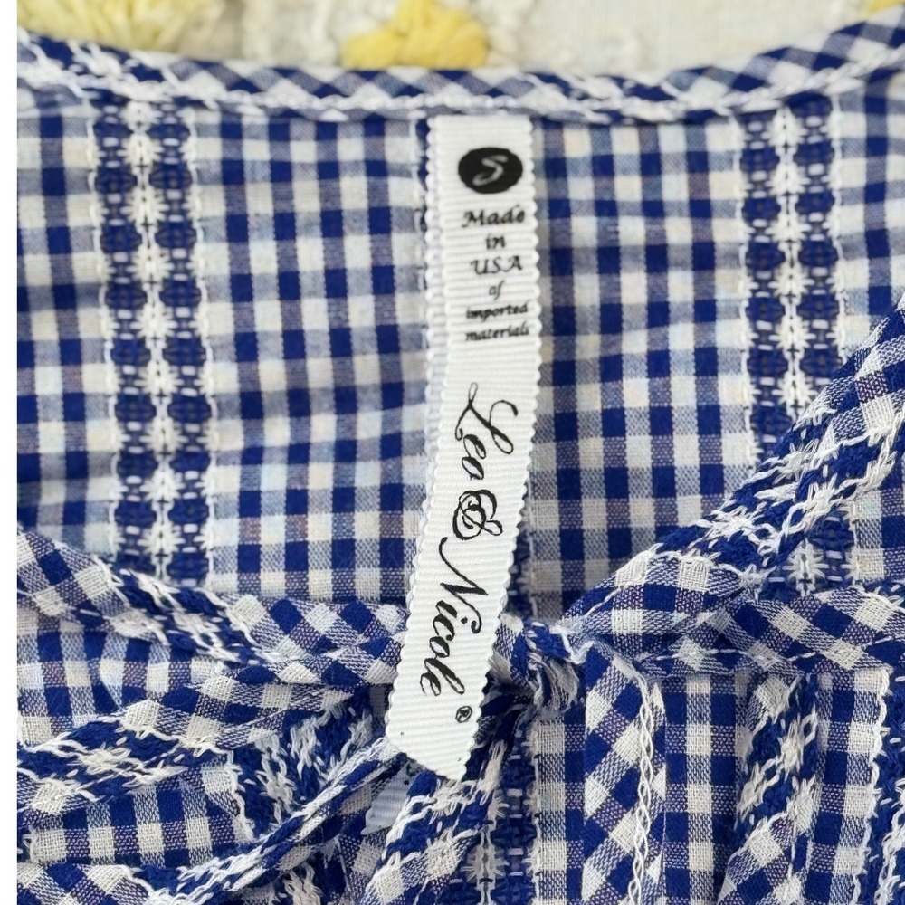 Leo Nicole Blue Gingham Tie Neck Blouse Women's Size‎ Small Puff Sleeve - Picture 6 of 7